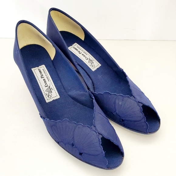 Evan Picone Women's Blue Flower Cutout Peep Toe Slip-on Wedges Size 9.5 - Picture 3 of 11